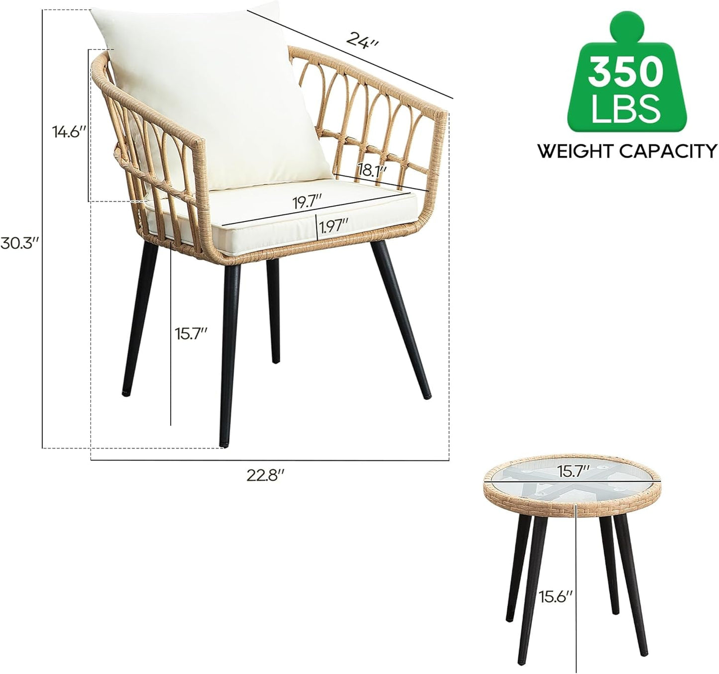 3 Piece Patio Bistro Set, Outdoor Wicker Apartment Balcony Furniture