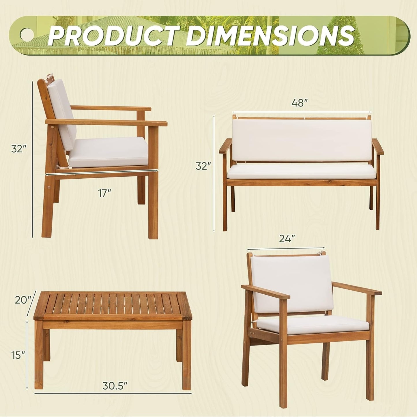 Acacia Wood 4 Piece Patio Conversation Set
